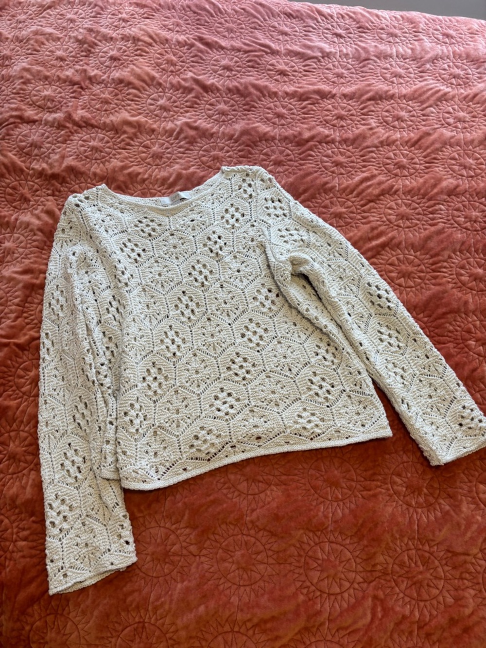 LOFT Cream Openwork Crochet Pullover